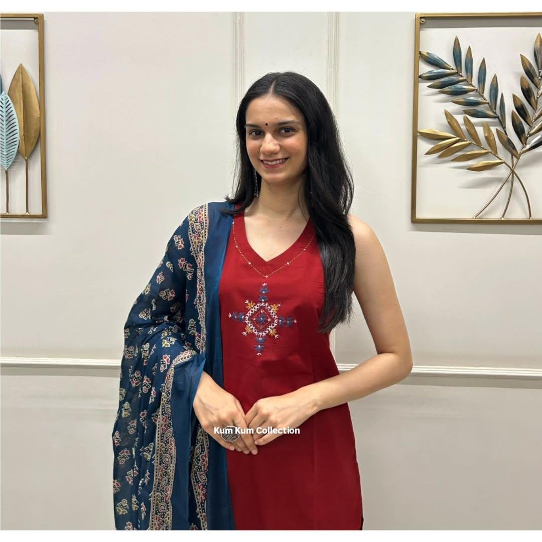 Handloom A-Line Kurti Palazzo Set with Linen Dupatta